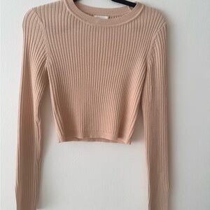 Lovers + Friends Beige Ribbed Crop Top with fashionable split sleeve